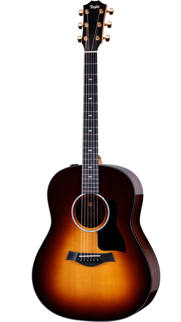 The front of a Taylor 50th Anniversary 217e-SB Plus LTD acoustic-electric guitar with a sunburst finish