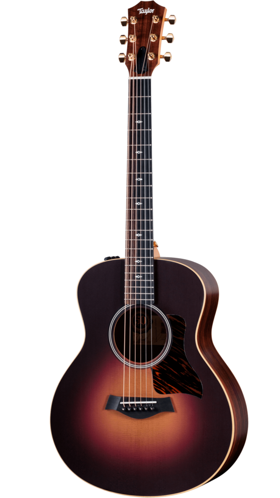 Image of the front of a Taylor 50th Anniversary GS Mini-e Rosewood SB acoustic-electric guitar with a sunburst finish