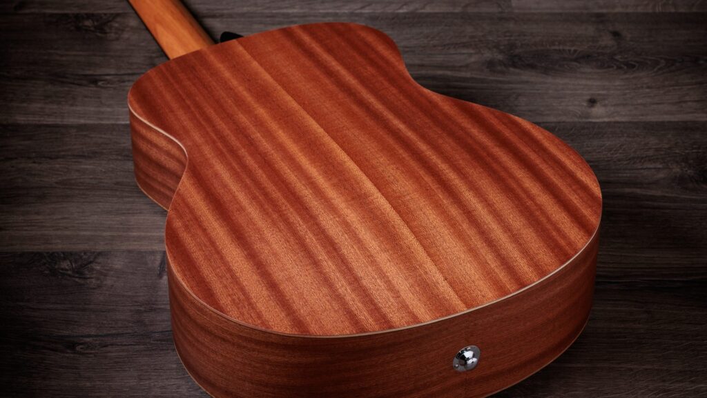 Image of the back of a Taylor GS Mini Sapele acoustic guitar, one of the best travel-size acoustic guitars