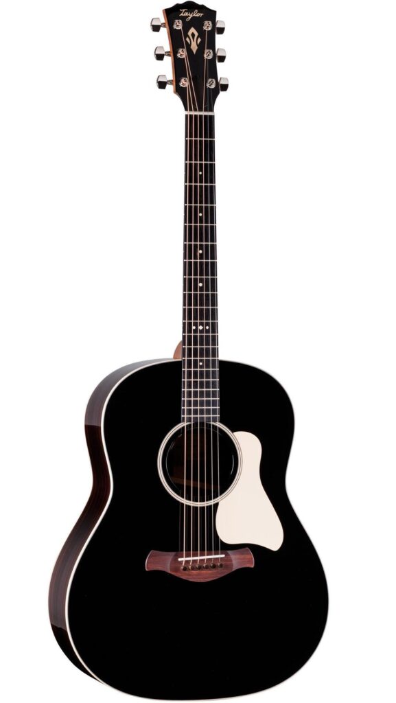 Front of a Taylor Gold Label 717e Blacktop acoustic-electric guitar with a black finish