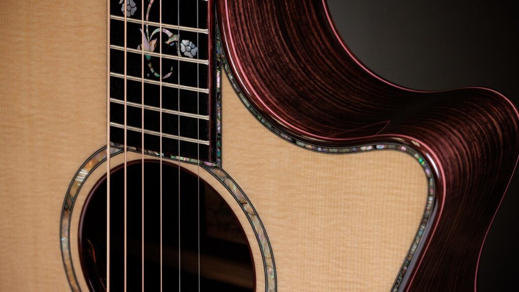 Close-up of a Taylor Legacy 914ce acoustic-electric guitar showing the soundhole, abalone purfling, and ebony fretboard