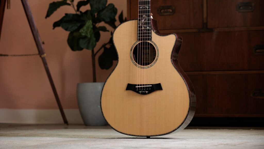 The front of the body of a Taylor Legacy 914ce acoustic-electric guitar showing its Engelmann spruce top